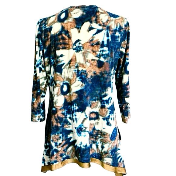 LOGO by Lori Goldstein abstract print blouse top asymmetrical hem satin trim M - Picture 7 of 15